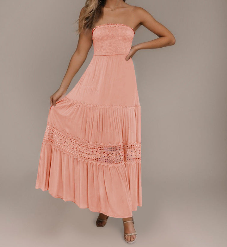 Robe longue sans manches, style bohème vintage, couleur unie, haut bandeau, taille cintrée et coupe élégante.