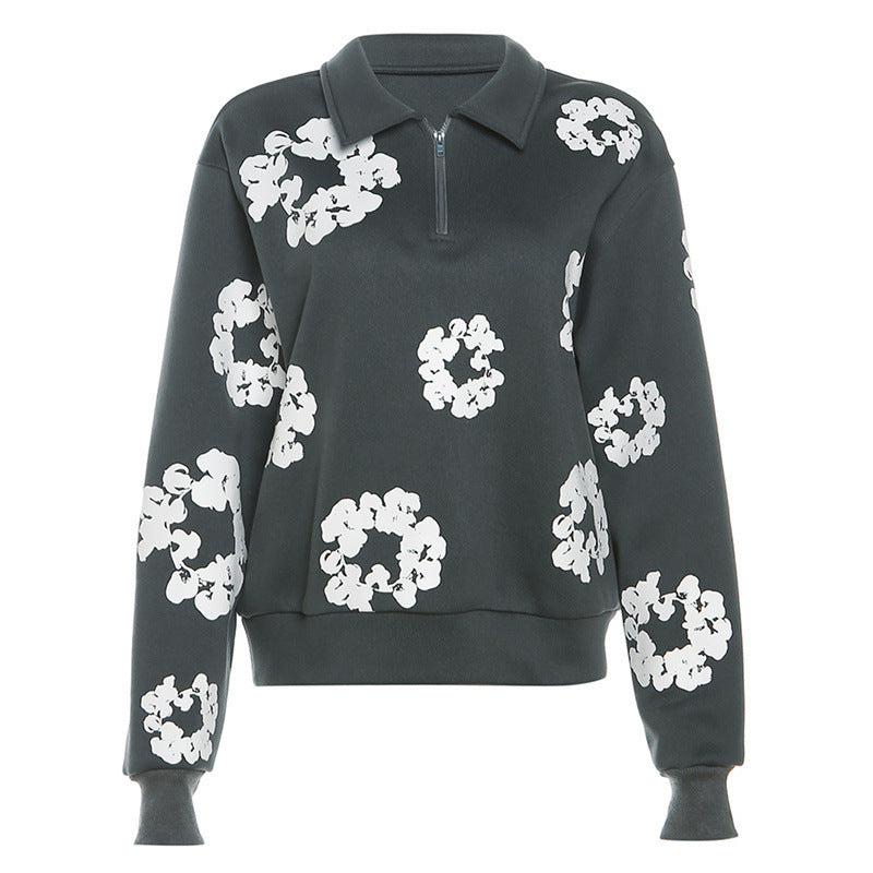 Sweat-shirt femme style européen et américain, col à revers semi-ouvert, imprimé, coupe ample décontractée