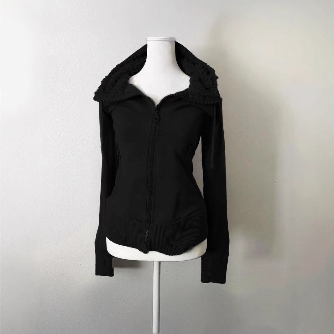Cardigan vintage à capuche pour printemps et automne En laine dagneau grise, double fermeture éclair, taille cintrée, style rétro et chic