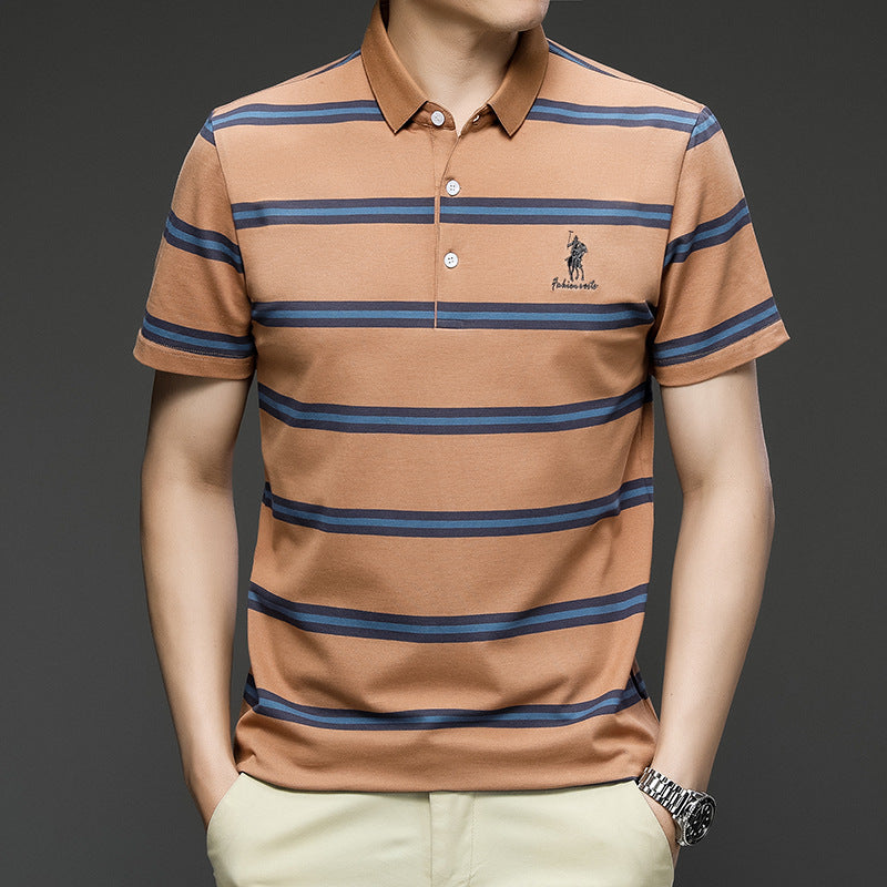 T-shirt homme exclusif en coton, manches courtes brodées, rayé, col polo décontracté, grande taille, modèle estival.