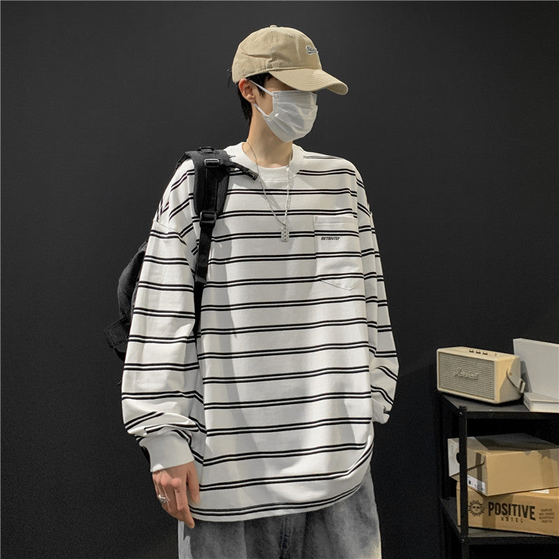 T-shirt à manches longues rayé en coton pour homme Style décontracté, idéal comme haut ou sous-couche