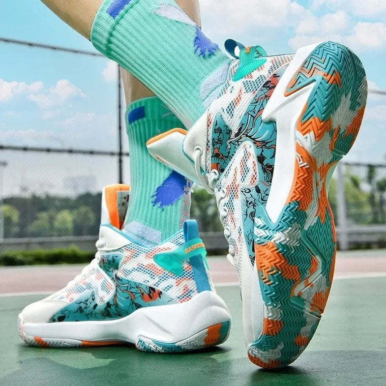 Baskets de basketball en mesh respirant, antidérapantes avec absorption des chocs, résistantes à l’usure, style ballon avec motif graffiti, sneakers jeunesse au style original.