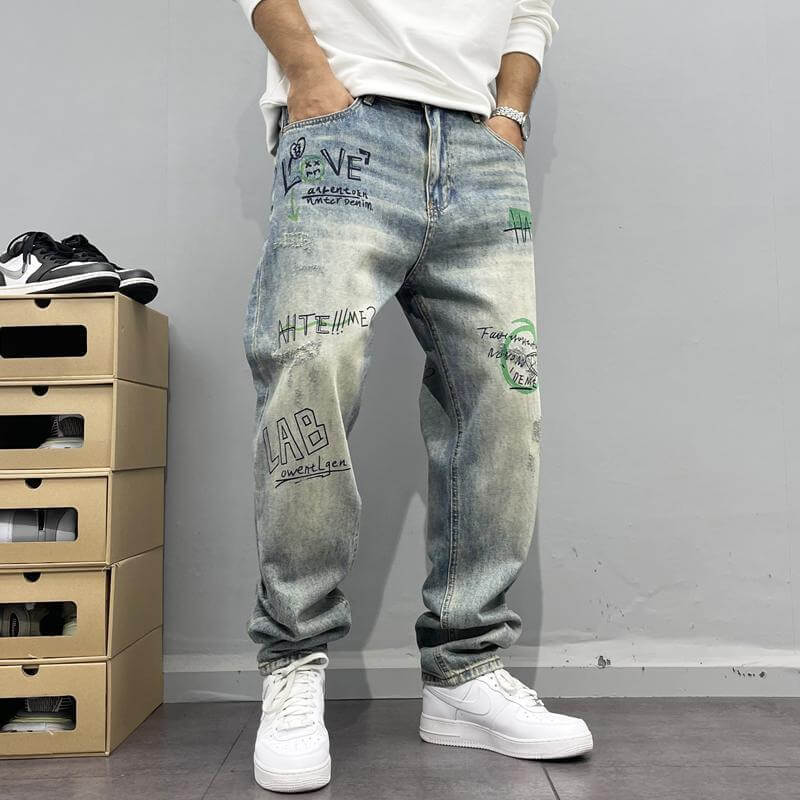 American retro street personality print straight-leg jeans, men's loose wash, frayed high street hip-hop trousers