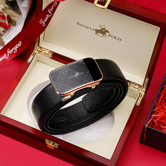 Ceinture en cuir Paul avec portefeuille pour homme, boucle automatique, motif à carreaux, cuir pleine fleur, ceinture pantalon, vente en gros, tendance business.