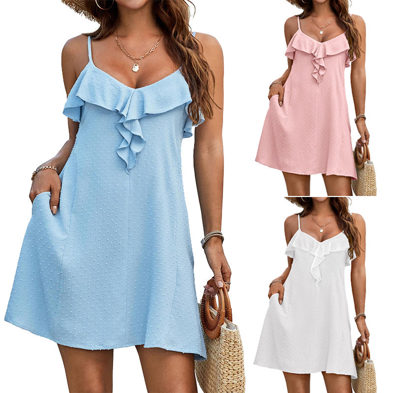 Robe d'été à bretelles fines pour femme, style plage, motif pois suisses, légère et fluide avec poches pratiques.