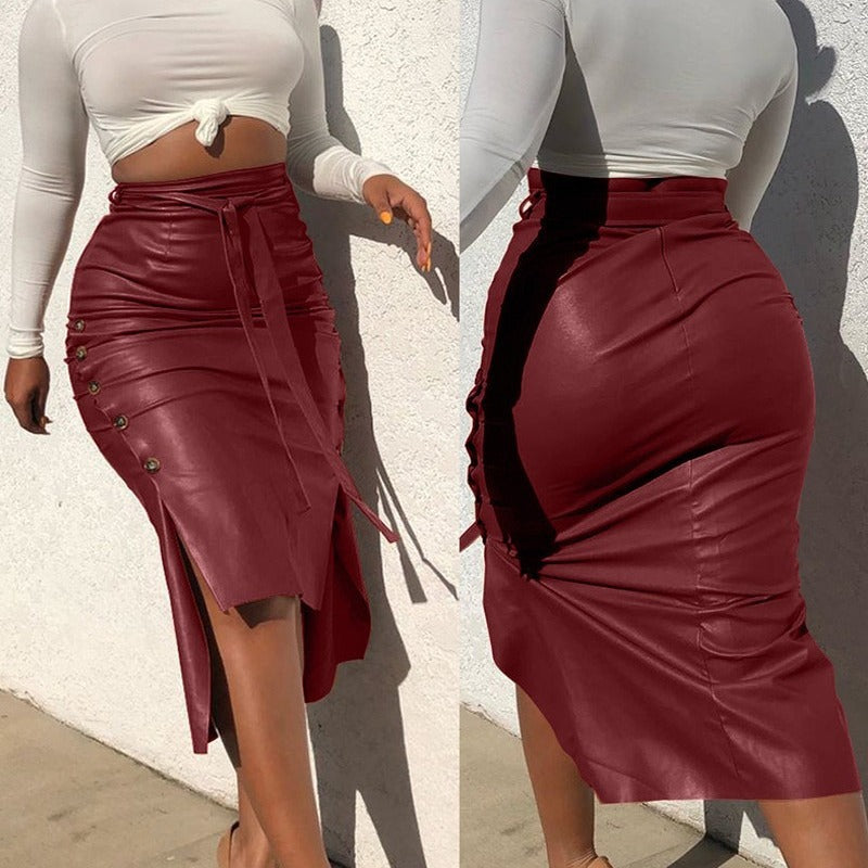 Jupe Moulante Mi-Longue en Simili-Cuir Taille Haute & Fente Sexy