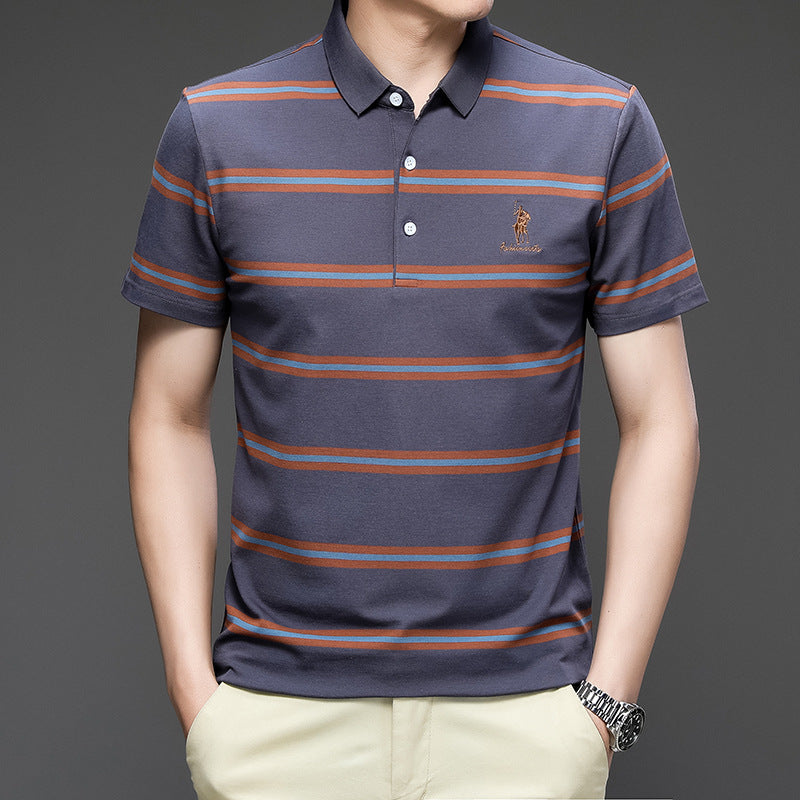 T-shirt homme exclusif en coton, manches courtes brodées, rayé, col polo décontracté, grande taille, modèle estival.