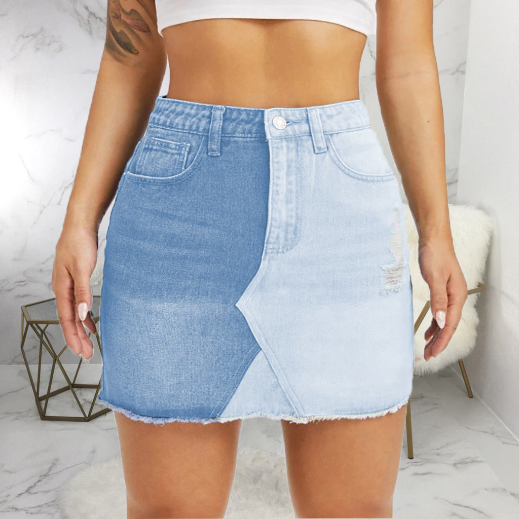Jupe en Jean Stretch Bicolore Coupe Mi-Longue & Effet Sculptant