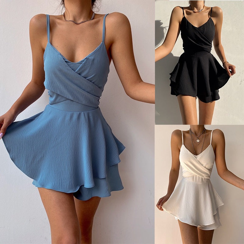 Combinaison d'été pour femme, style européen et américain, couleur unie, à bretelles avec fermeture éclair, modèle tendance.
