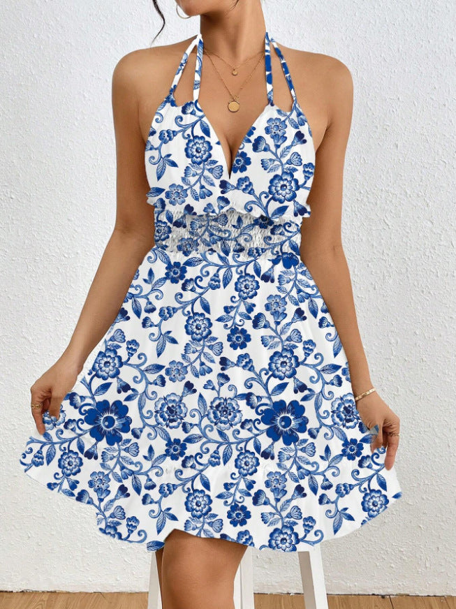 Robe femme imprimée, style européen et américain, coupe sexy avec bretelles fines et col halter.