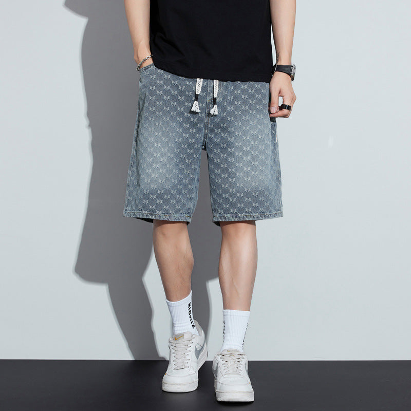 Short en denim imprimé pour homme Taille élastique, coupe courte et légère, style tendance et décontracté