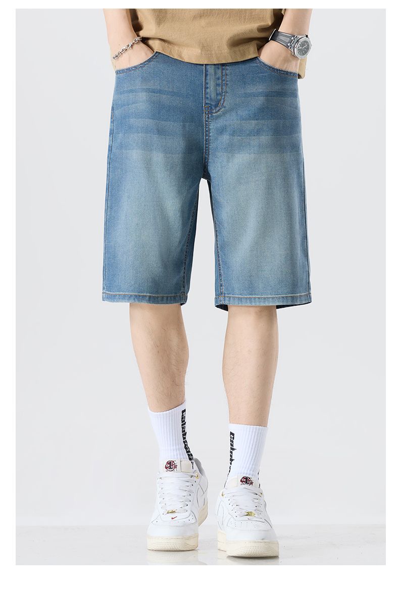 Short mi-long en denim Tencel pour homme Taille élastique, coupe ample et tendance, style décontracté