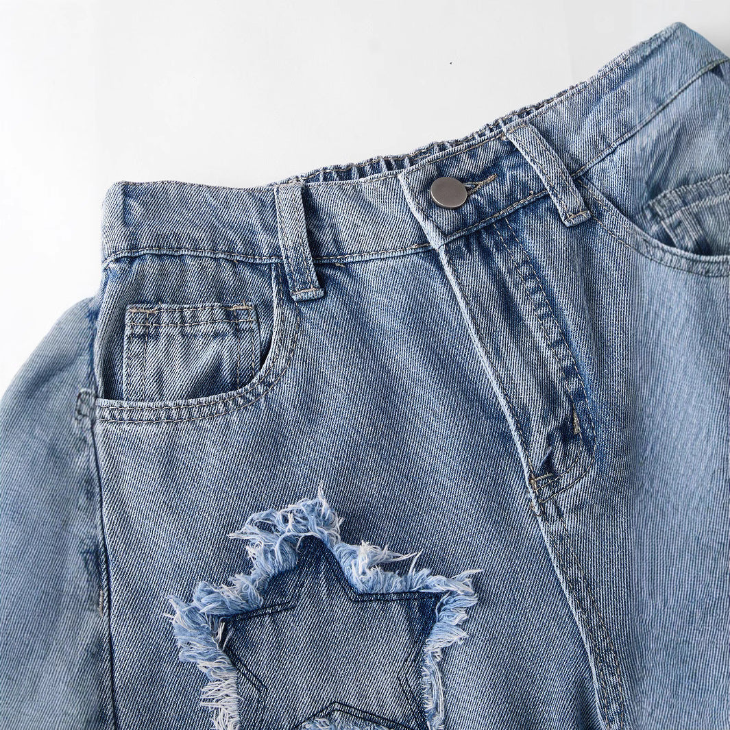 Jean Large à Taille Élastique avec Décoration Étoilée Style Tendance pour Adolescentes