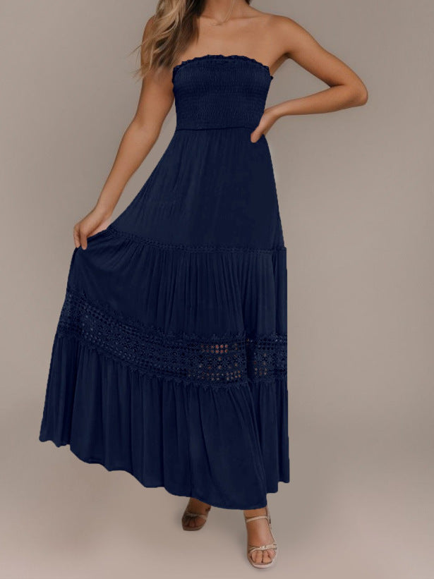Robe longue sans manches, style bohème vintage, couleur unie, haut bandeau, taille cintrée et coupe élégante.