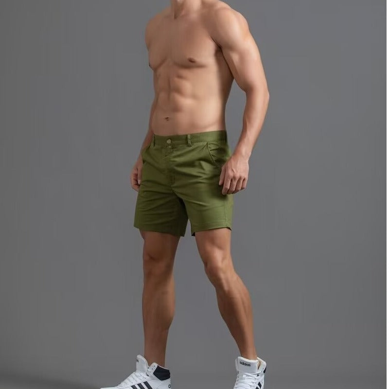 Pantalon court homme trois-quarts en coton pur, coupe ajustée pour silhouette musclée, style léger et luxueux, inspiration business britannique.