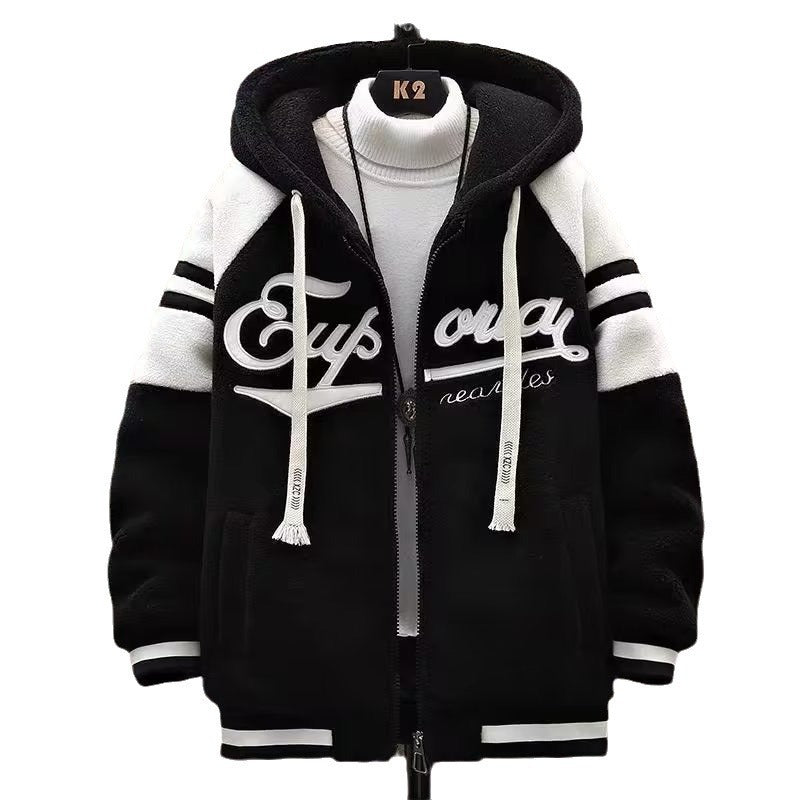 Veste à capuche en laine dagneau pour homme Épaisse, chaude, avec broderie, coupe ample et fermeture éclair