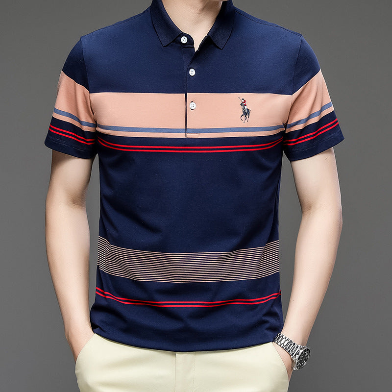 T-shirt homme exclusif en coton, manches courtes brodées, rayé, col polo décontracté, grande taille, modèle estival.
