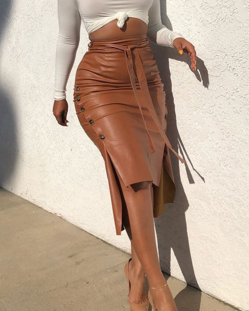 Jupe Moulante Mi-Longue en Simili-Cuir Taille Haute & Fente Sexy