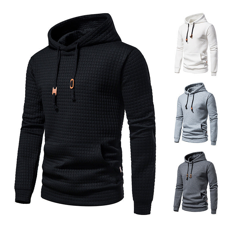 Sweat-shirt homme décontracté coupe européenne, tissu matelassé à motif carreaux, style jacquard, capuche intégrée, confortable et adapté aux looks urbains.