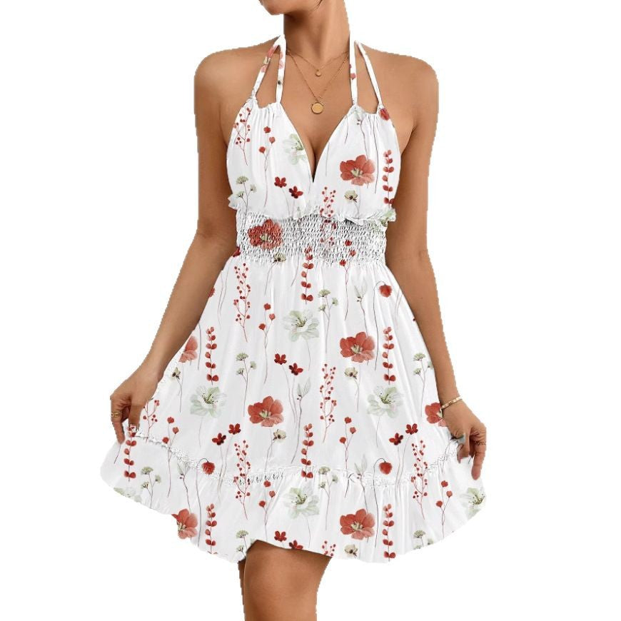 Robe femme imprimée, style européen et américain, coupe sexy avec bretelles fines et col halter.