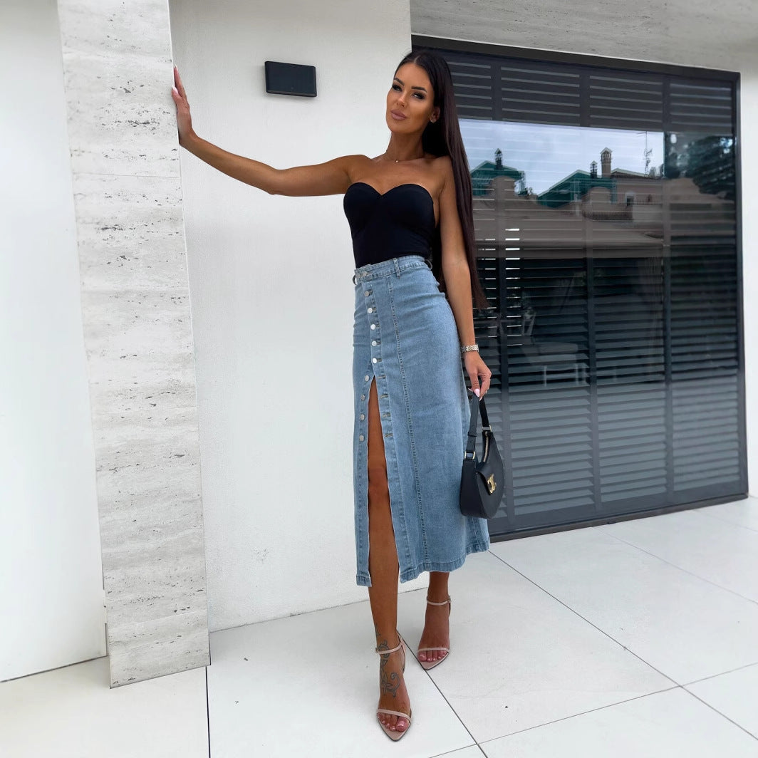 Jupe en Jean à Fente Asymétrique  Taille Haute & Coupe Sexy