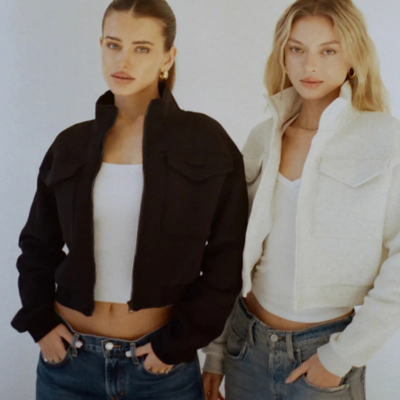 Veste Femme Décontractée Mode Européenne & Américaine, Uni, Fermeture Zippée, Manches Longues, Poches Décoratives