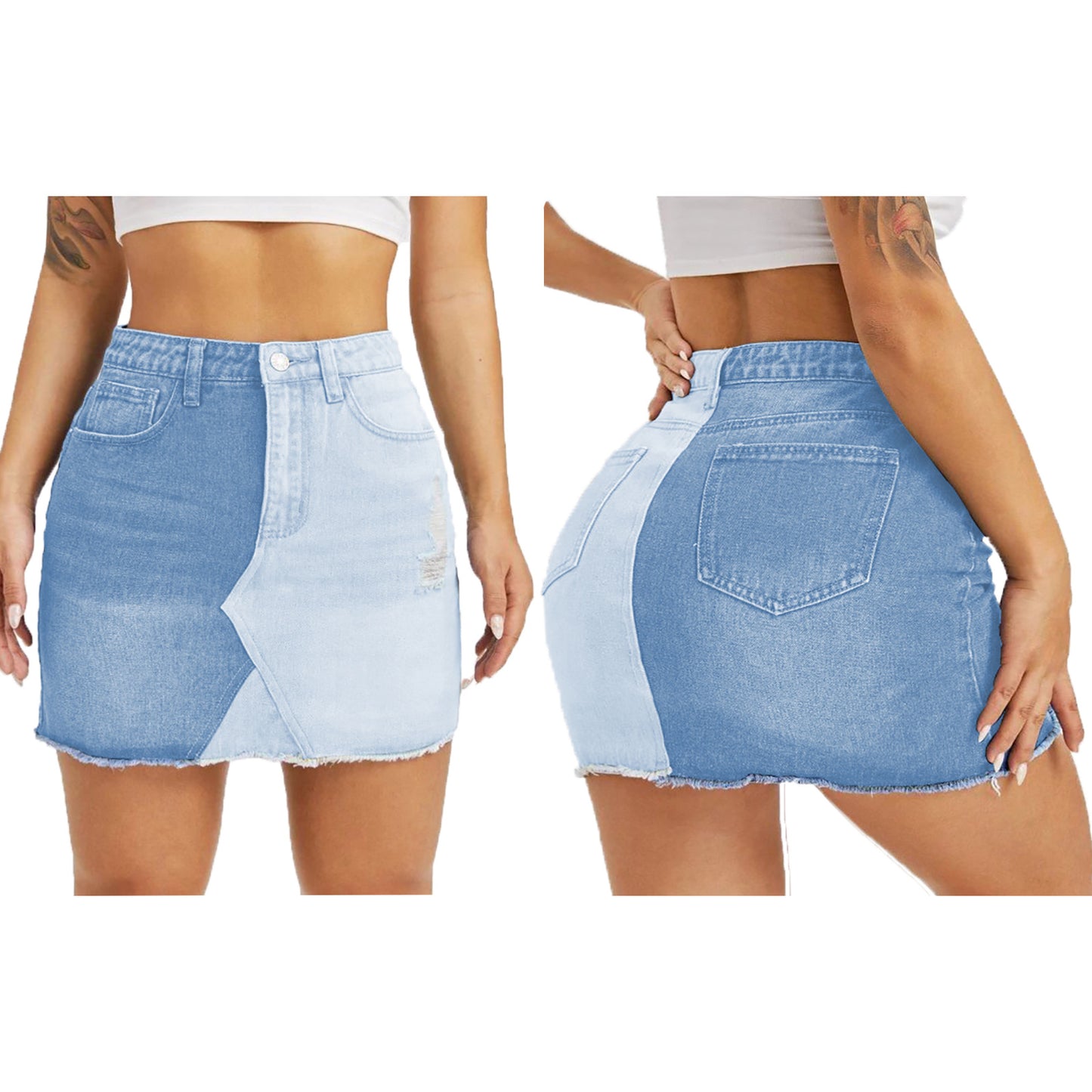 Jupe en Jean Stretch Bicolore Coupe Mi-Longue & Effet Sculptant