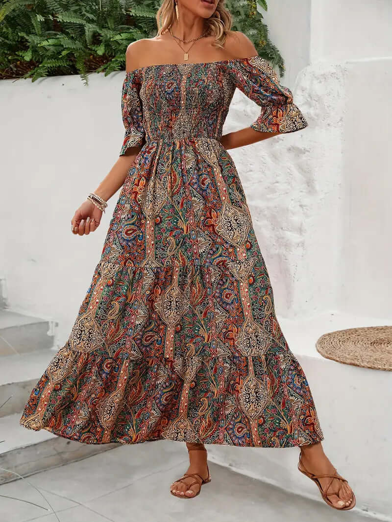 2024 European and American cross-border temu women's clothing hot sale exotic bohemian resort style one-shoulder princess sleeve dress