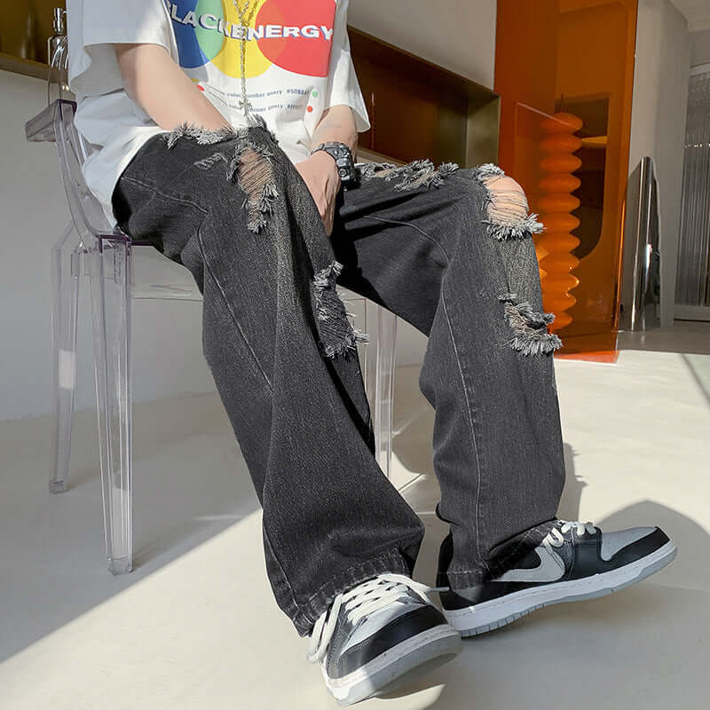 Ripped jeans, men's summer ins, high street, loose beggars, wide-leg pants, design sense, niche trendy brand straight pants