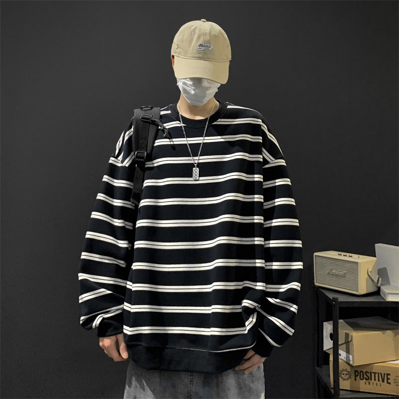T-shirt à manches longues rayé en coton pour homme Style décontracté, idéal comme haut ou sous-couche