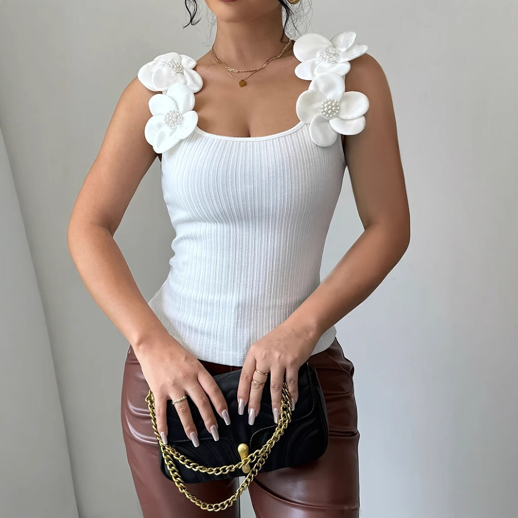 Top Tricoté Fleur 3D Élégant & Féminin Printemps/Été