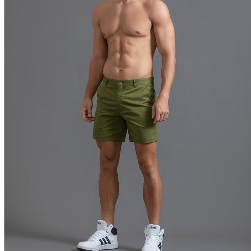 Pantalon court homme trois-quarts en coton pur, coupe ajustée pour silhouette musclée, style léger et luxueux, inspiration business britannique.