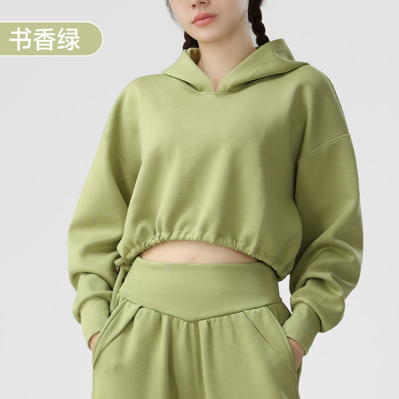Sweat à capuche en tissu double pour femme Haut de survêtement ample et court, manches longues, parfait pour le running, le fitness ou l'entraînement en automne