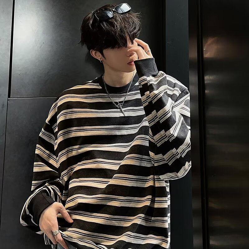 T-shirt à manches longues rayé en coton pour homme Style décontracté, idéal comme haut ou sous-couche