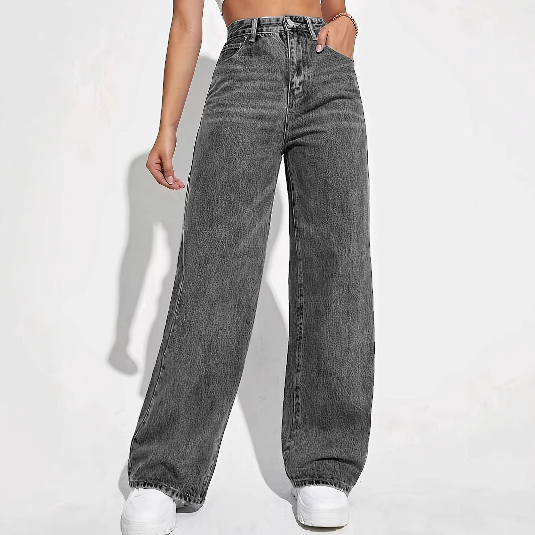 Jean droit femme Coupe large, effet délavé vintage, style rétro décontracté, pantalon polyvalent mode
