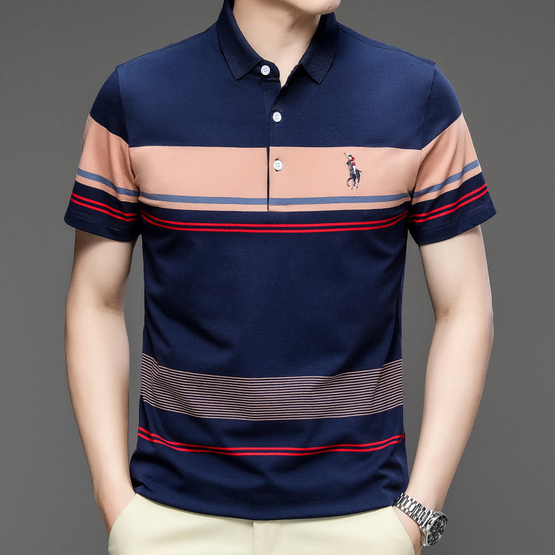 T-shirt homme exclusif en coton, manches courtes brodées, rayé, col polo décontracté, grande taille, modèle estival.