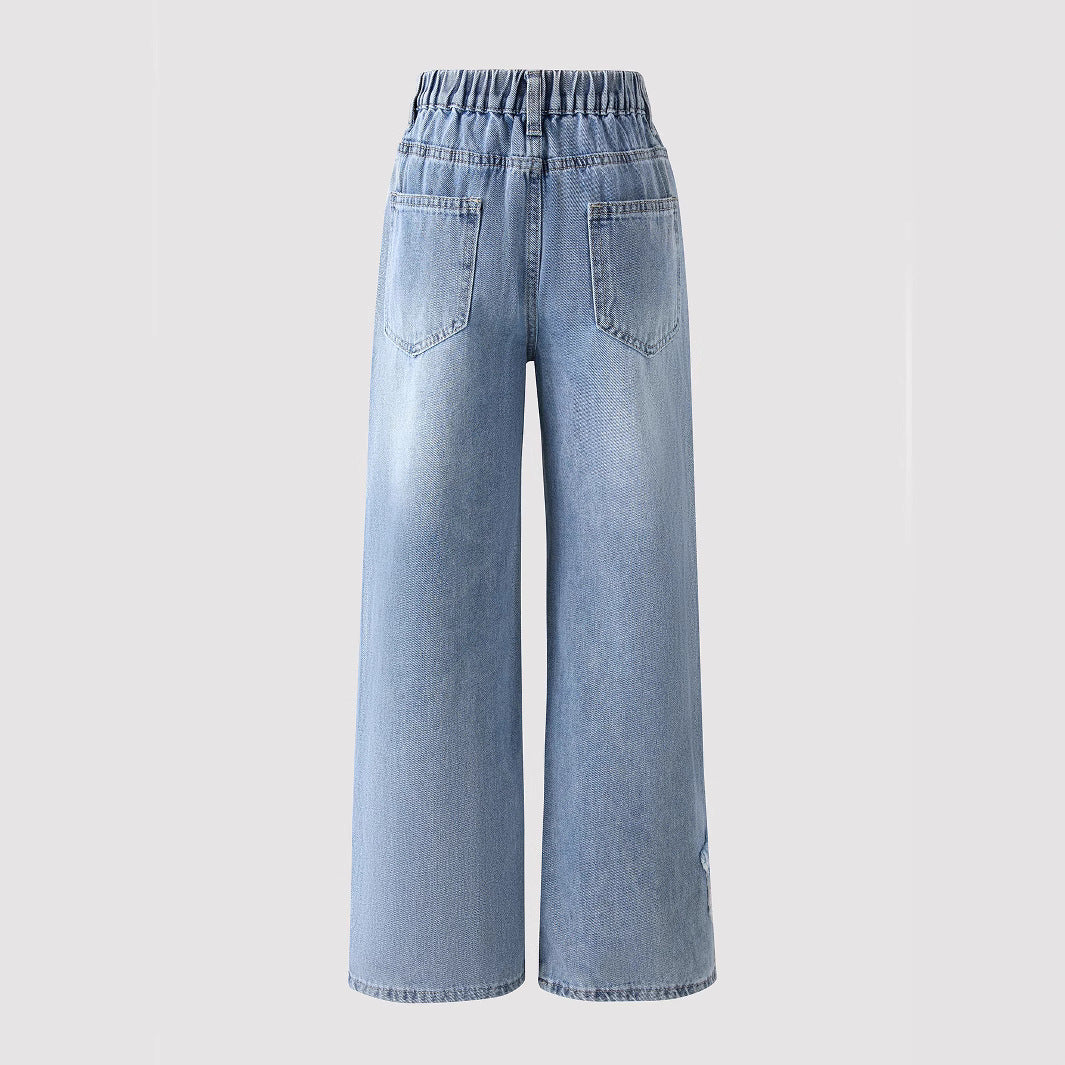 Jean Large à Taille Élastique avec Décoration Étoilée Style Tendance pour Adolescentes