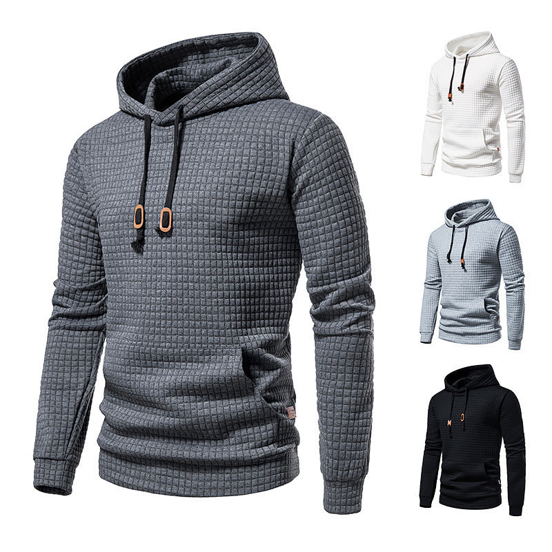 Sweat-shirt homme décontracté coupe européenne, tissu matelassé à motif carreaux, style jacquard, capuche intégrée, confortable et adapté aux looks urbains.