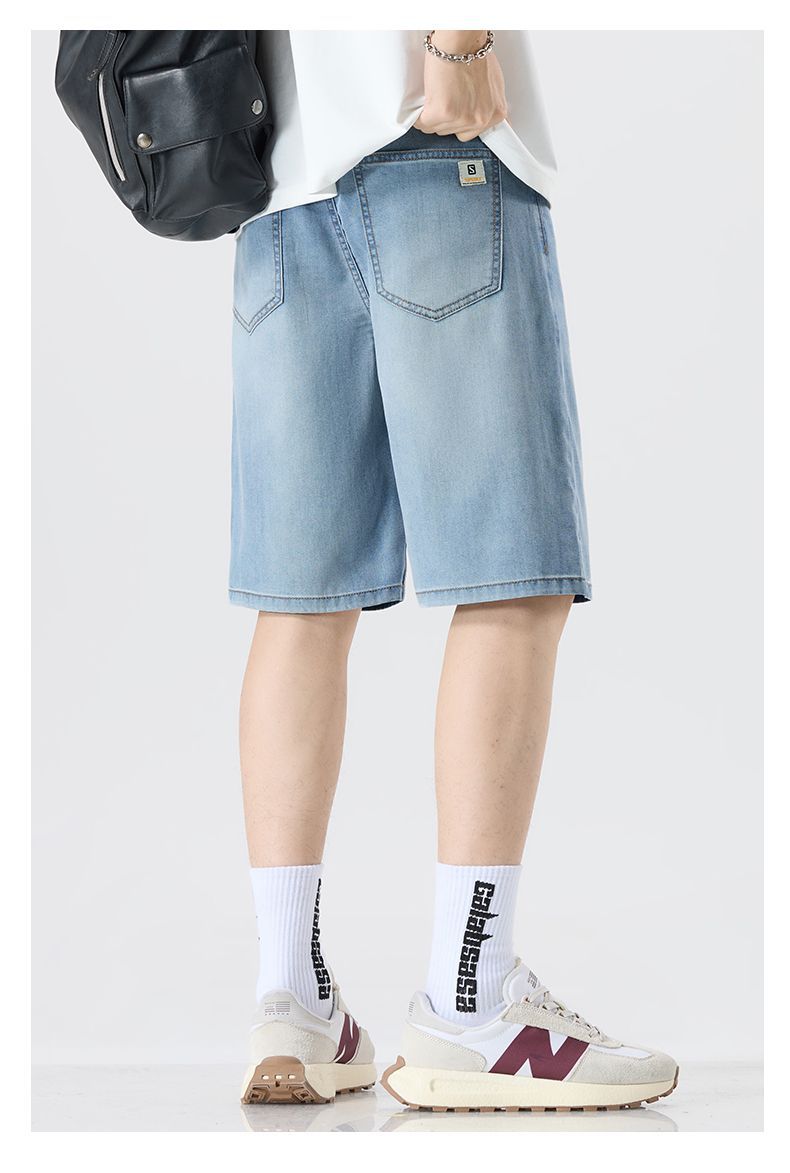 Short mi-long en denim Tencel pour homme Taille élastique, coupe ample et tendance, style décontracté