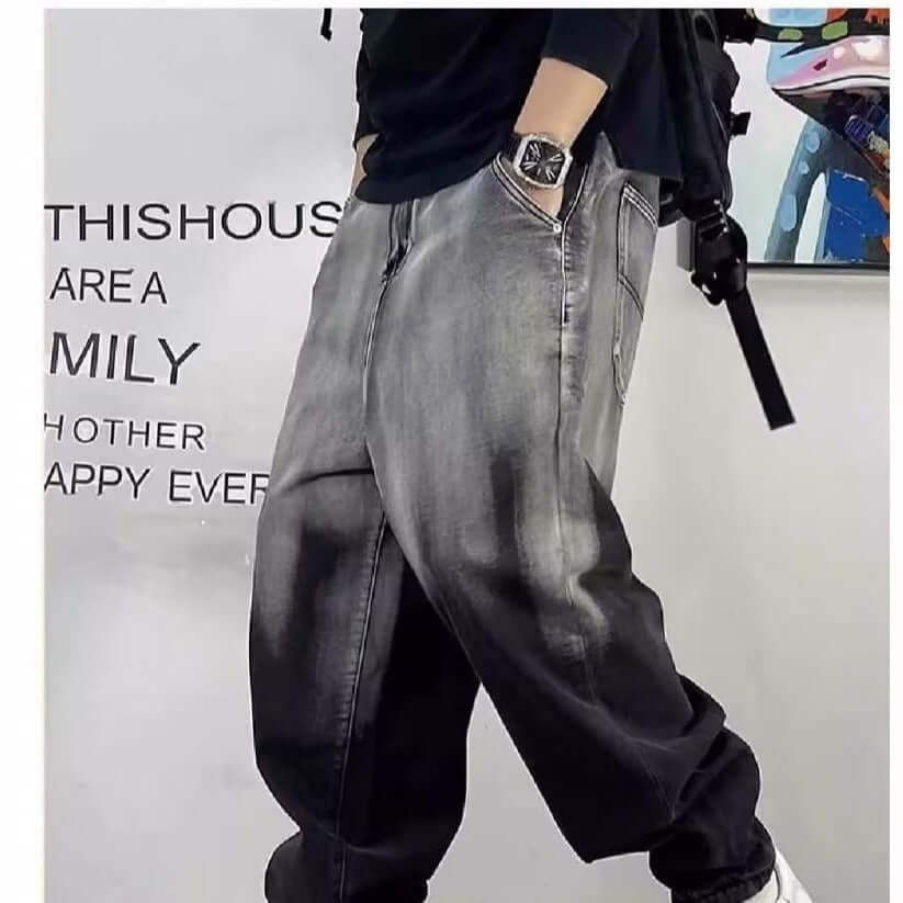 Plus size men's gradient trendy brand new versatile washed cargo jeans men's loose and fat wide-leg pants