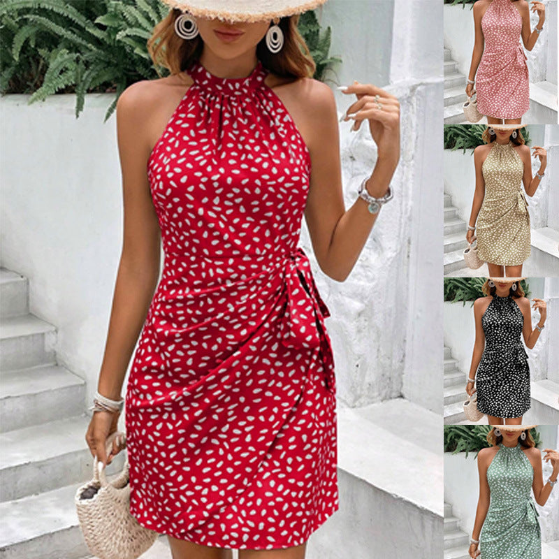 Robe d'été courte pour femme, style européen et américain, sans manches, col halter, fermeture zippée, motif fleuri et jupe plissée.