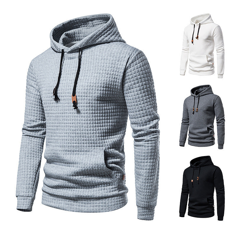 Sweat-shirt homme décontracté coupe européenne, tissu matelassé à motif carreaux, style jacquard, capuche intégrée, confortable et adapté aux looks urbains.