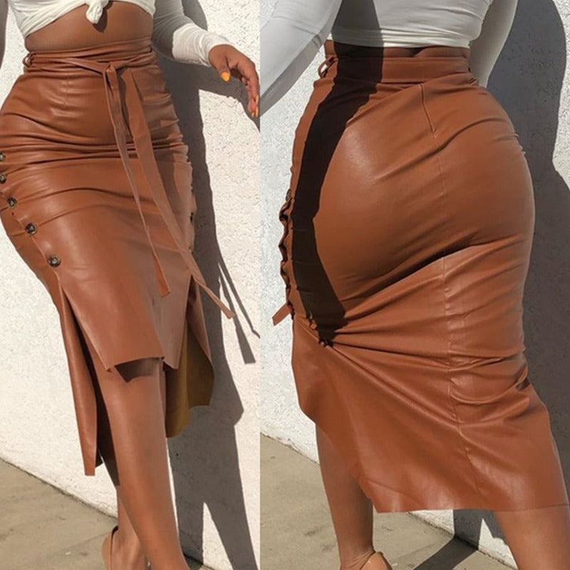 Jupe Moulante Mi-Longue en Simili-Cuir Taille Haute & Fente Sexy