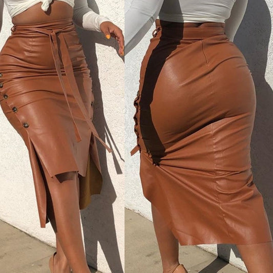Jupe Moulante Mi-Longue en Simili-Cuir  Taille Haute & Fente Sexy