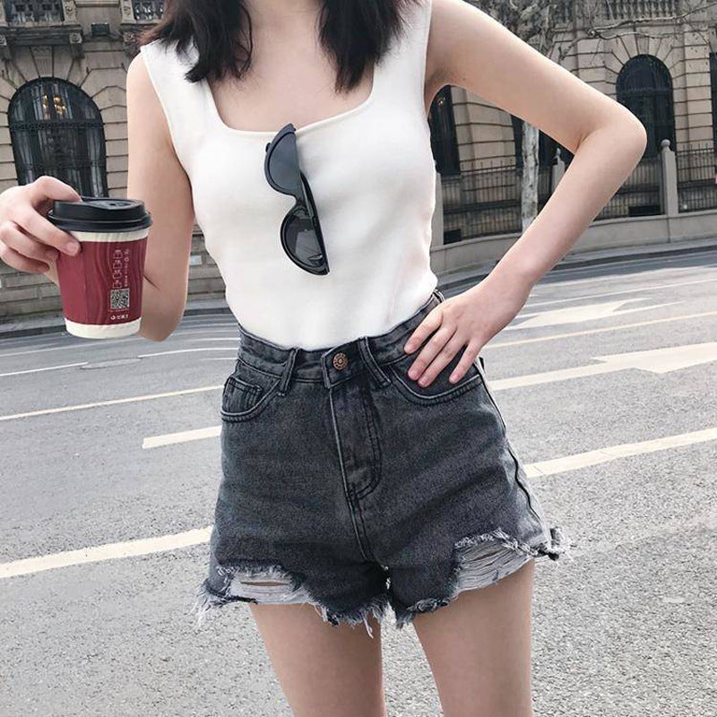 Short en Jean Femme Taille Haute, Évasé & Effet Usé