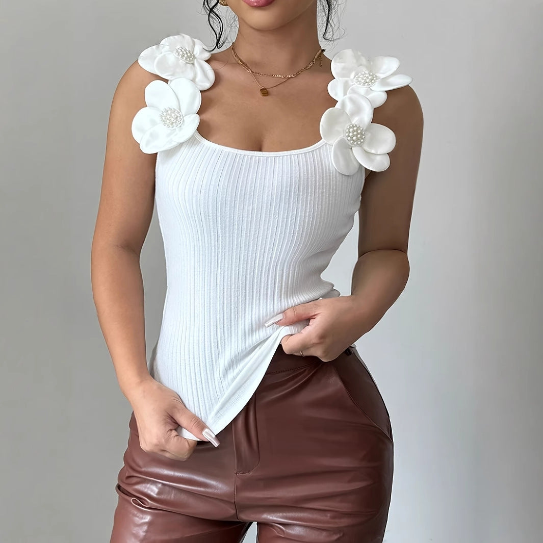 Top Tricoté Fleur 3D Élégant & Féminin Printemps/Été