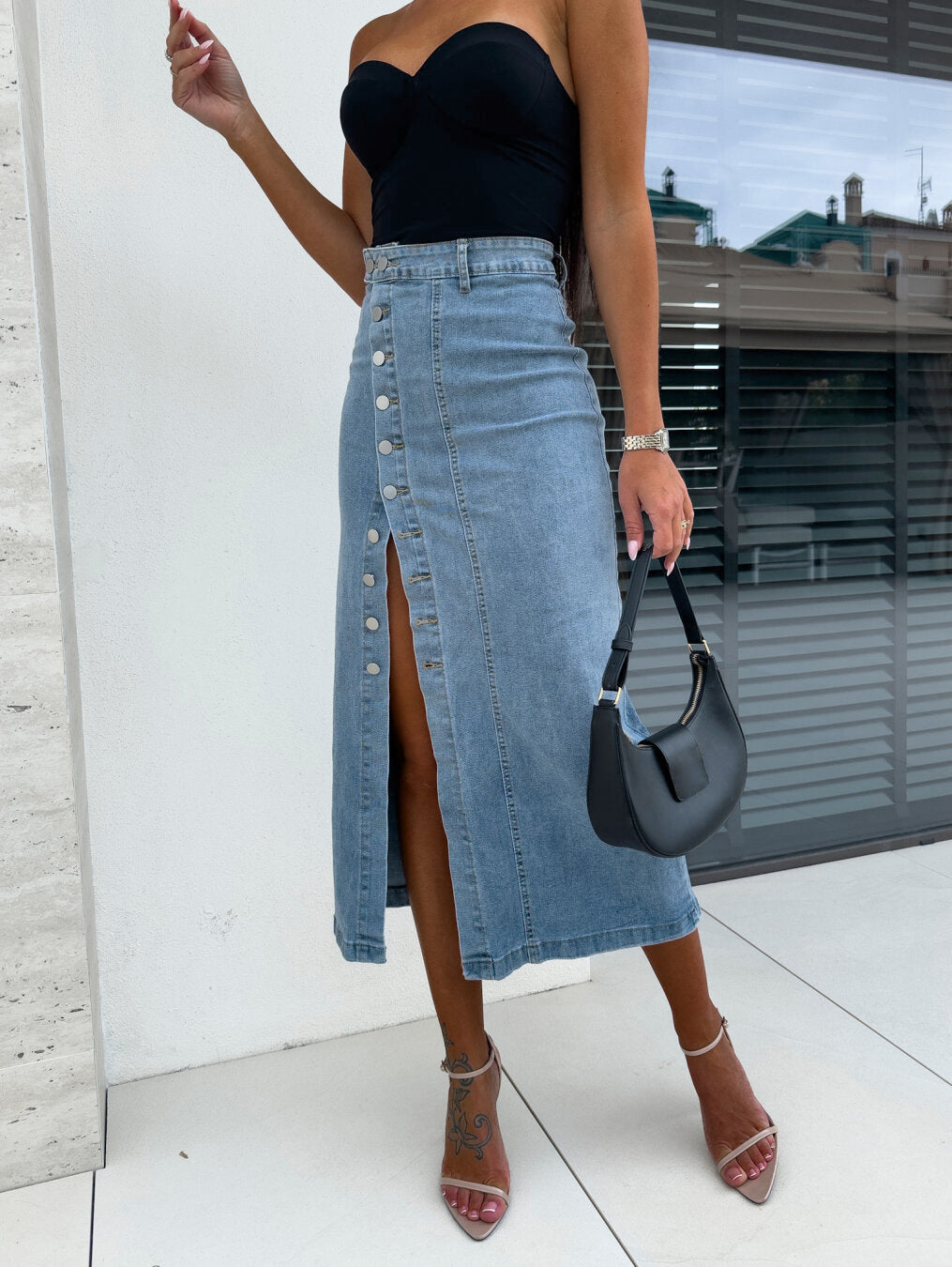 Jupe en Jean à Fente Asymétrique  Taille Haute & Coupe Sexy
