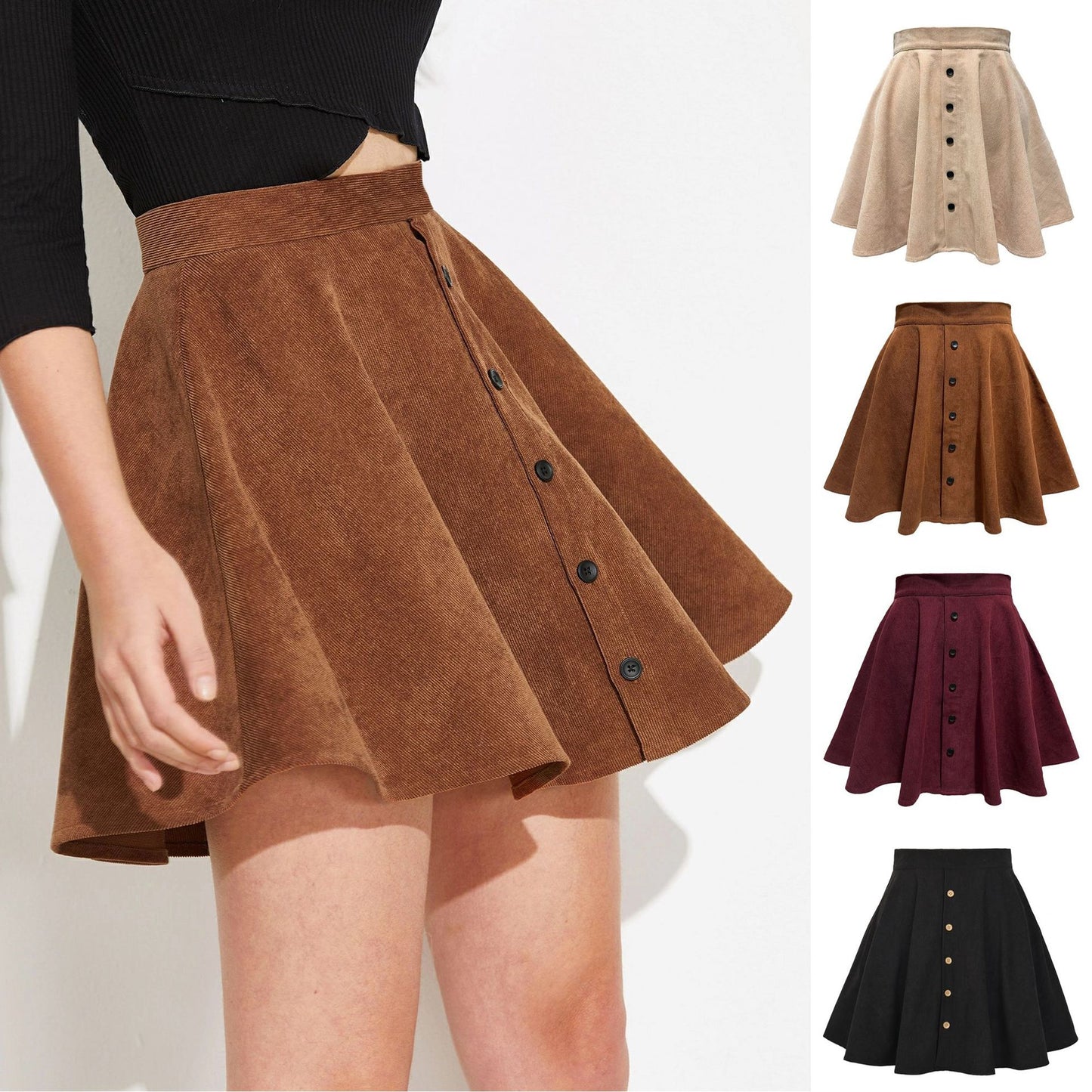 Jupe Trapèze en Velours Côtelé Taille Haute & Style Doux pour lAutomne/Hiver