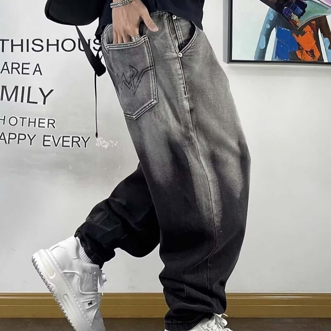 Plus size men's gradient trendy brand new versatile washed cargo jeans men's loose and fat wide-leg pants