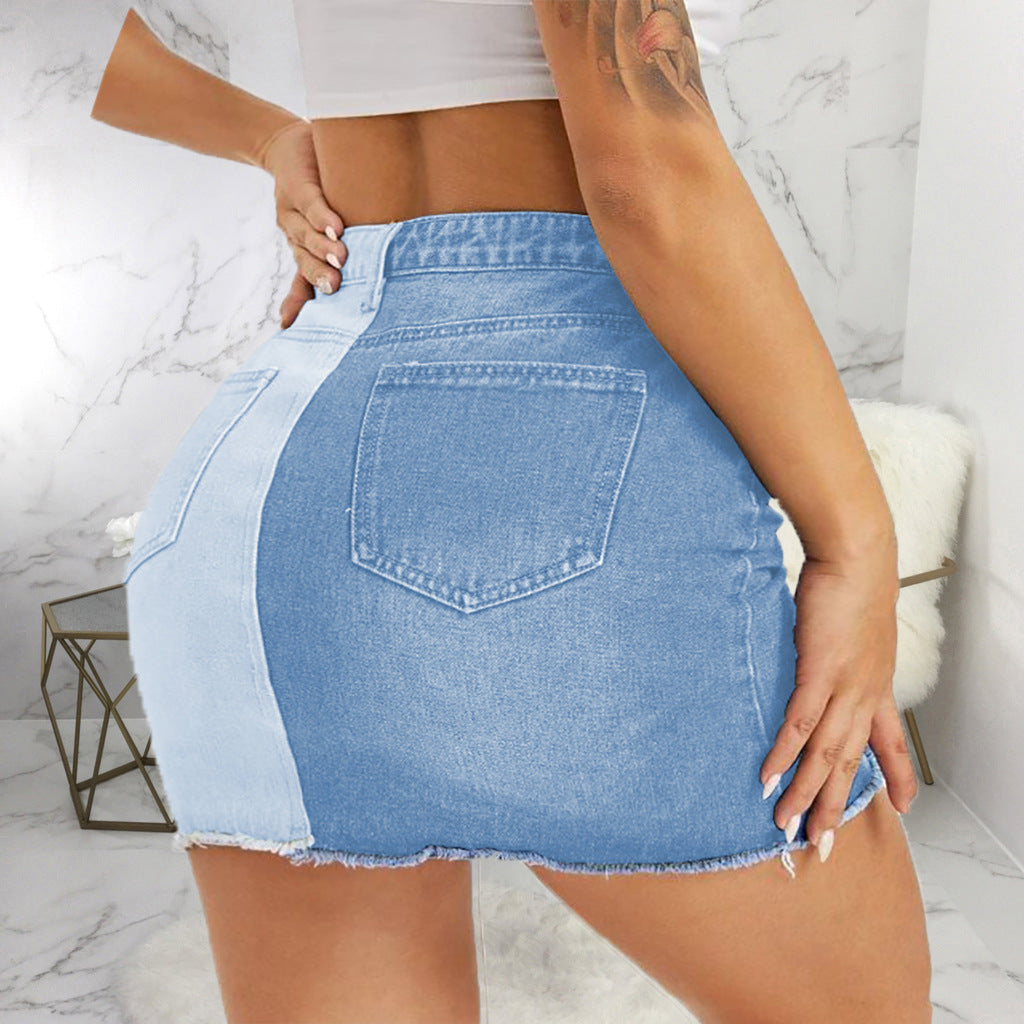 Jupe en Jean Stretch Bicolore Coupe Mi-Longue & Effet Sculptant